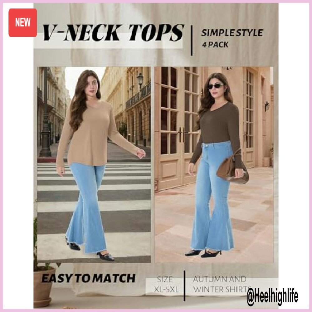 Plus Size Long Sleeve V-Neck Tunic Tops 4 Pack Loose Fit Fall Clothes - Picture 3 of 7